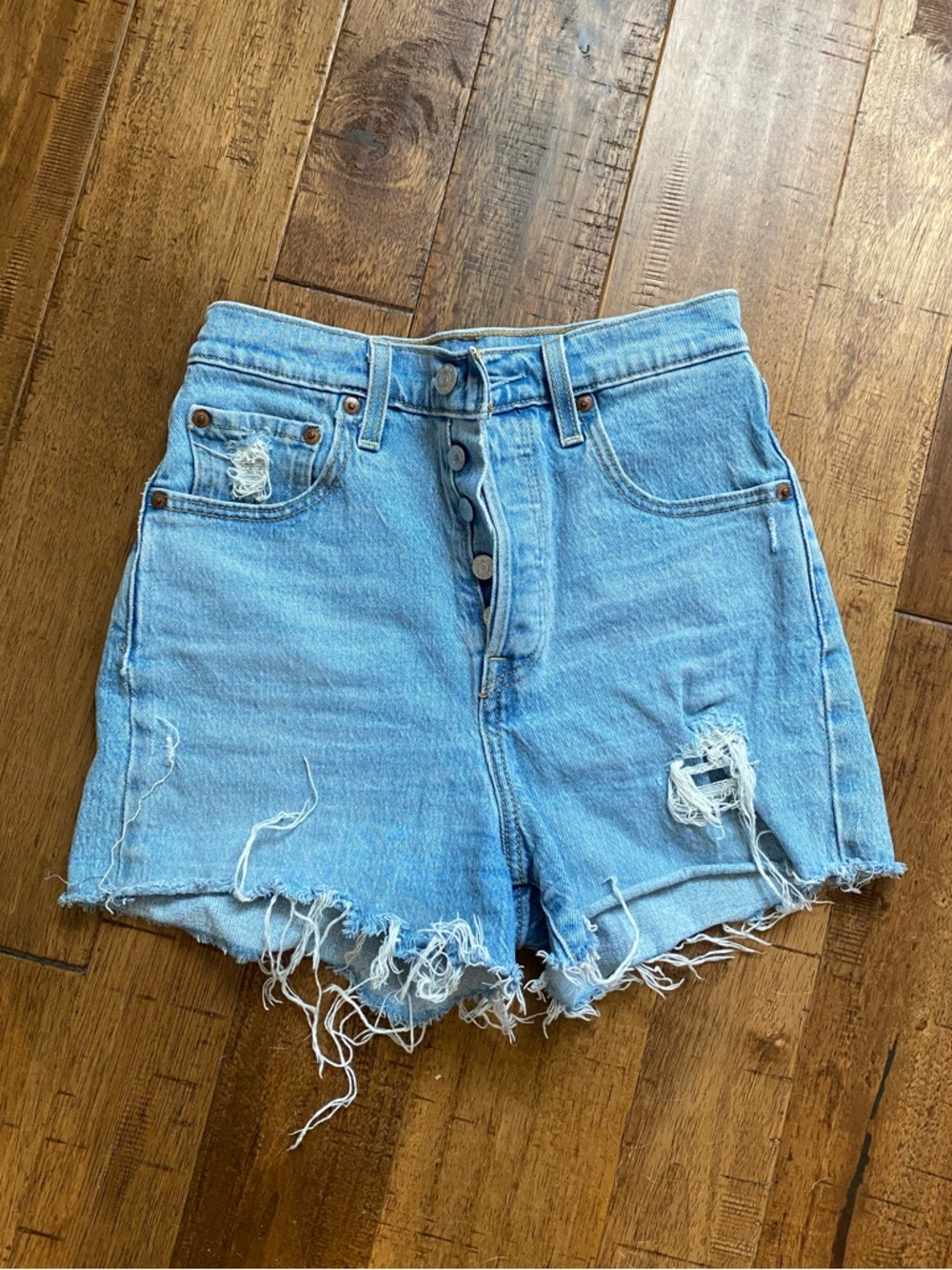 Levi's Ribcage Light Blue Distressed Button-Fly Denim Shorts - 25